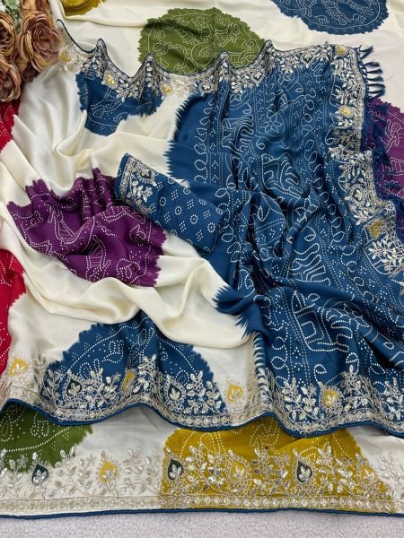 Premium Satin Silk Celebration Saree  Intricate Embroidery   Bandhani Moti