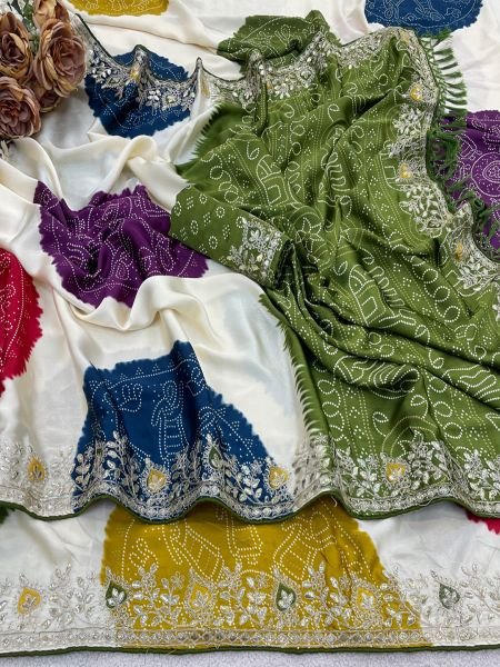 Premium Satin Silk Celebration Saree  Intricate Embroidery   Bandhani Moti