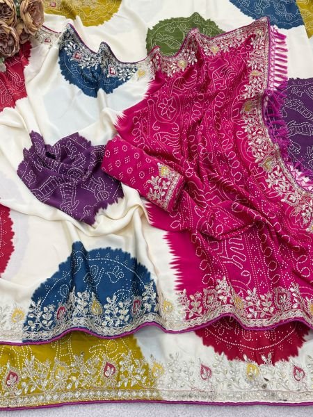 Premium Satin Silk Celebration Saree  Intricate Embroidery   Bandhani Moti 