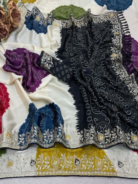 Premium Satin Silk Celebration Saree  Intricate Embroidery   Bandhani Moti