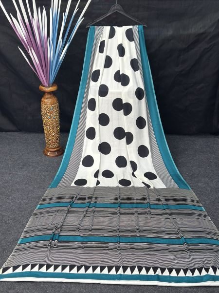 Printed Satin Silk Saree with Trendy Polka   Stripe Design Printed Sarees