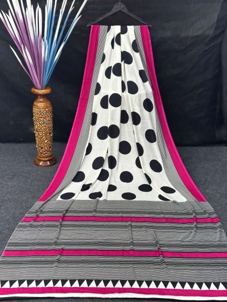 Printed Satin Silk Saree with Trendy Polka   Stripe Design Daily Deals