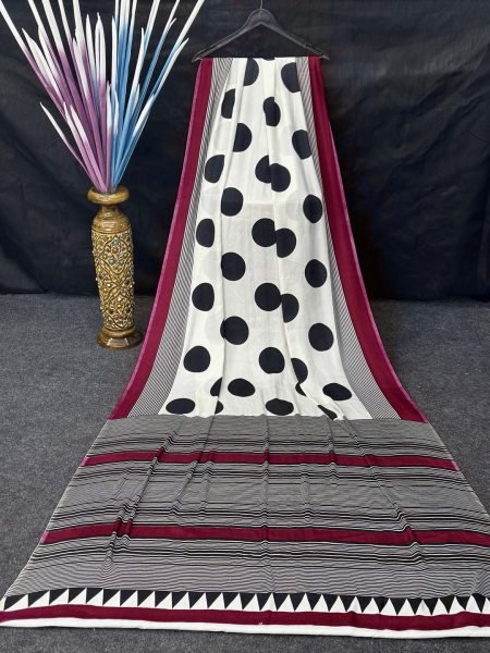 Printed Satin Silk Saree with Trendy Polka   Stripe Design Daily Deals