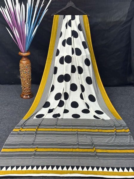 Printed Satin Silk Saree with Trendy Polka   Stripe Design Daily Deals