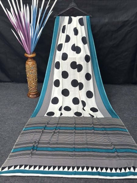 Printed Satin Silk Saree with Trendy Polka   Stripe Design Daily Deals