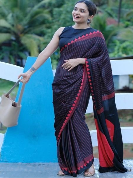 Pure Crepe Silk Saree with Vertical Pinstripes   Contemporary Temple Border Printed Sarees