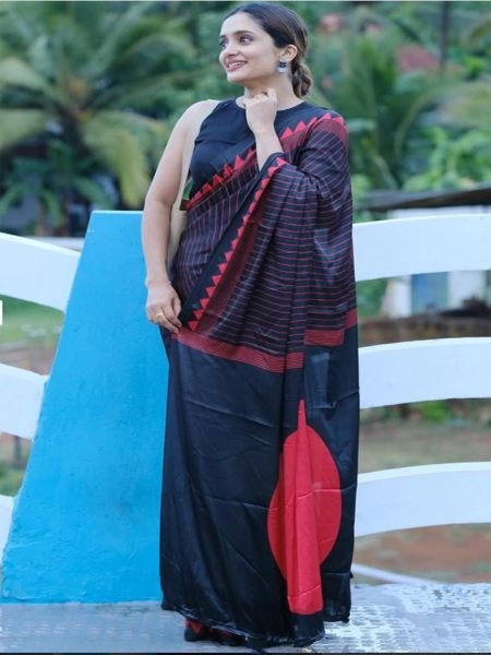 Pure Crepe Silk Saree with Vertical Pinstripes   Contemporary Temple Border Printed Sarees