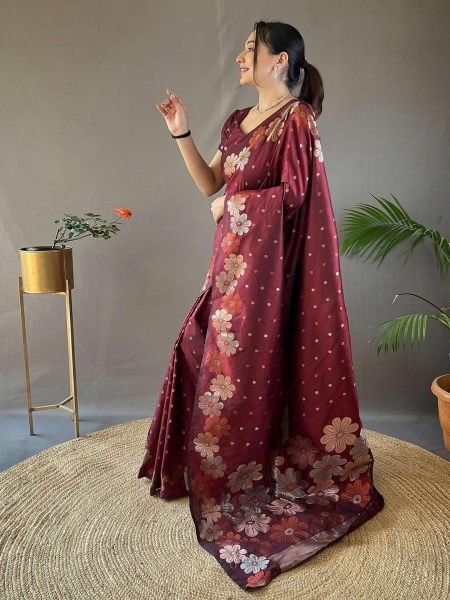 Pure Silk Jacquard Woven Floral Design Maroon Banarasi Saree Banarasi Sarees
