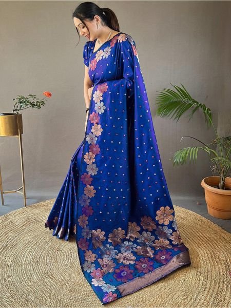Pure Silk Jacquard Woven Floral Design Royal Blue Banarasi Saree Banarasi Sarees