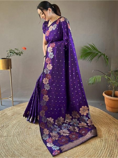Pure Silk Jacquard Woven Floral Design Violet Banarasi Saree Banarasi Sarees