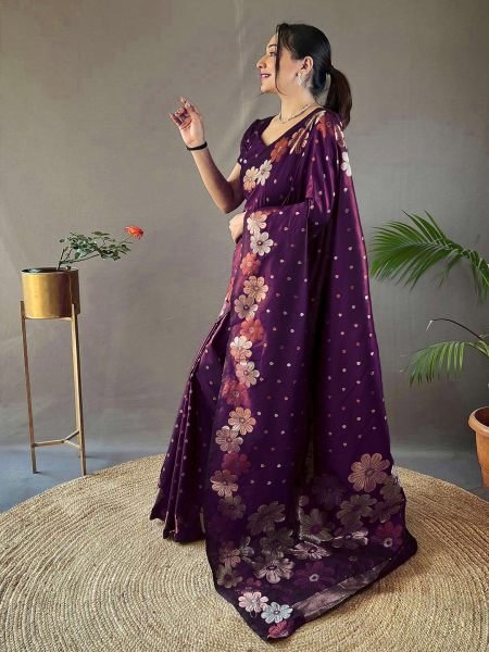Pure Silk Jacquard Woven Floral Design Wine Banarasi Saree Banarasi Sarees