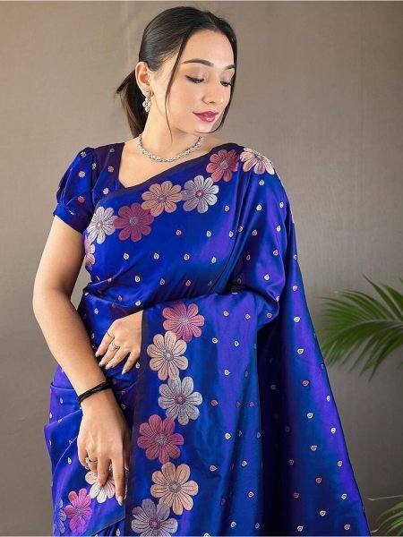 Pure Silk Jacquard Woven Floral Design Royal Blue Banarasi Saree Banarasi Sarees