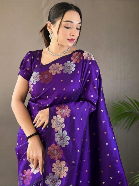 Pure Silk Jacquard Woven Floral Design Violet Banarasi Saree Banarasi Sarees