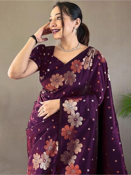 Pure Silk Jacquard Woven Floral Design Wine Banarasi Saree Banarasi Sarees