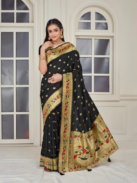 Pure Silk Paithani Zari Woven Black Saree Sale