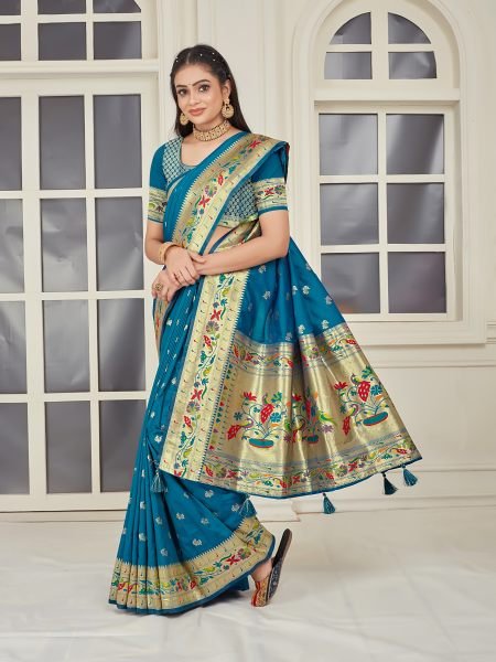 Pure Silk Paithani Zari Woven Rama Saree Sale