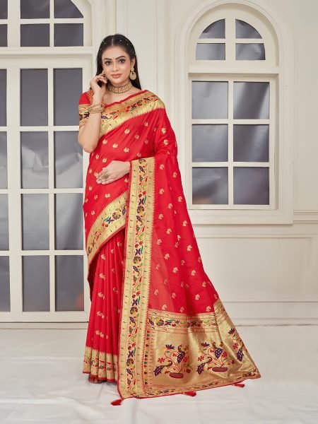 Pure Silk Paithani Zari Woven Red Saree Sale