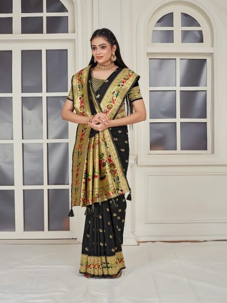 Pure Silk Paithani Zari Woven Black Saree Designer Sarees