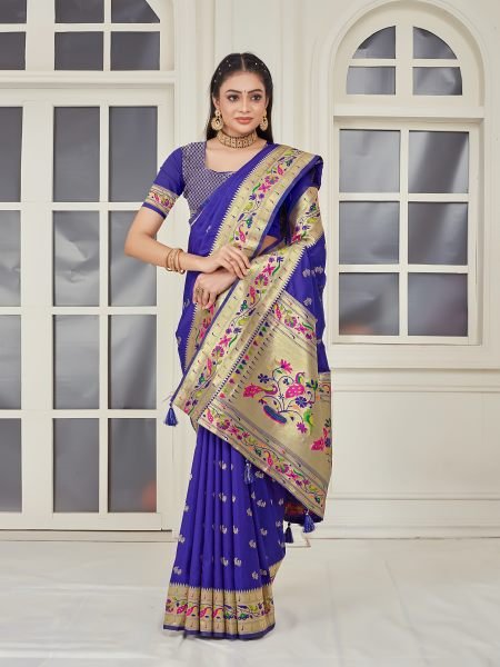 Pure Silk Paithani Zari Woven Blue Saree Designer Sarees