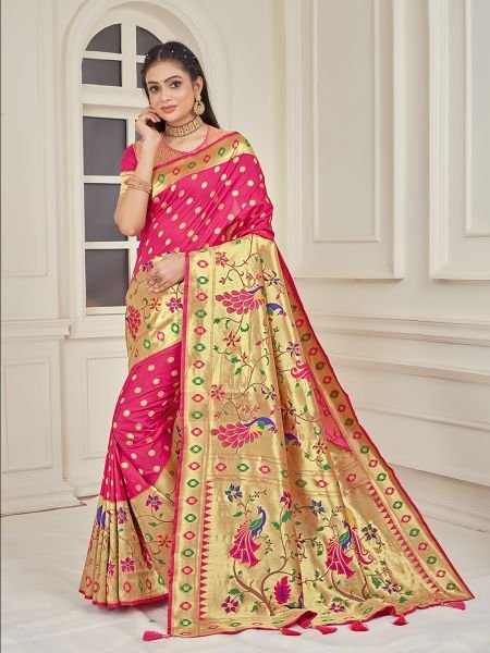 Pure Silk Paithani Zari Woven Pink Saree Designer Sarees