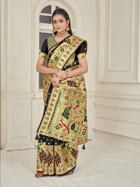 Pure Silk Paithani Zari Woven Black Saree Designer Sarees