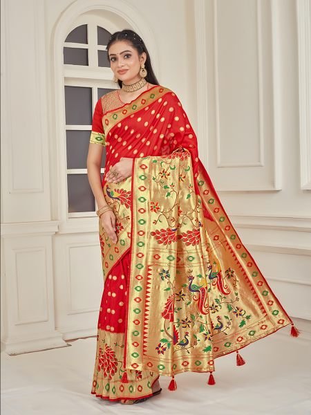 Pure Silk Paithani Zari Woven Red Saree Designer Sarees