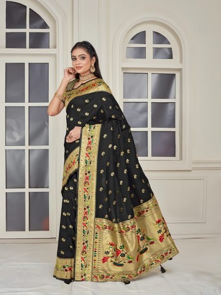 Pure Silk Paithani Zari Woven Black Saree Designer Sarees