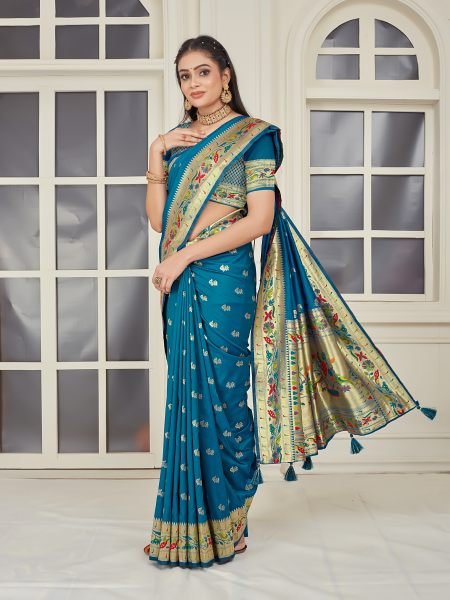 Pure Silk Paithani Zari Woven Rama Saree Designer Sarees