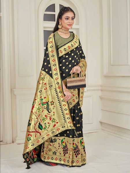 Pure Silk Paithani Zari Woven Black Saree Designer Sarees