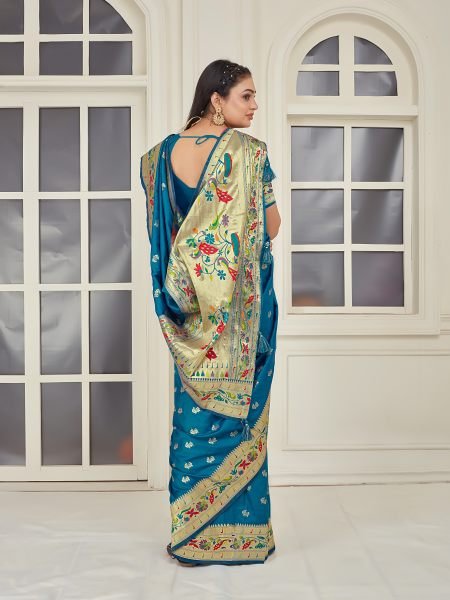 Pure Silk Paithani Zari Woven Rama Saree Designer Sarees