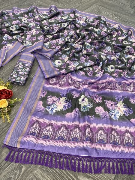 Purple Cotton Silk Handloom Printed Saree with Tassel Border Pallu Sale