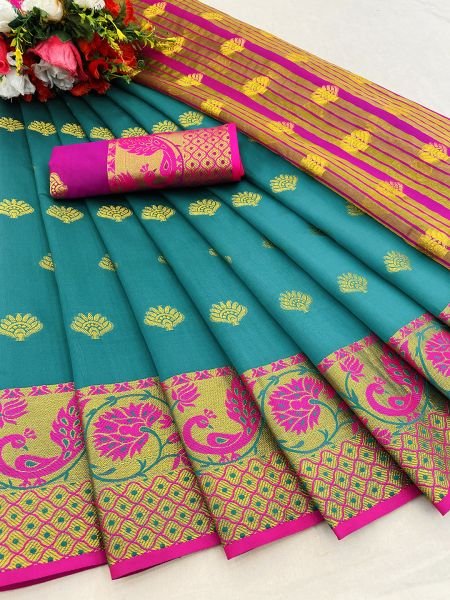 Rama Banarasi Cotton Silk Saree with Jacquard Zari Weaving Sale