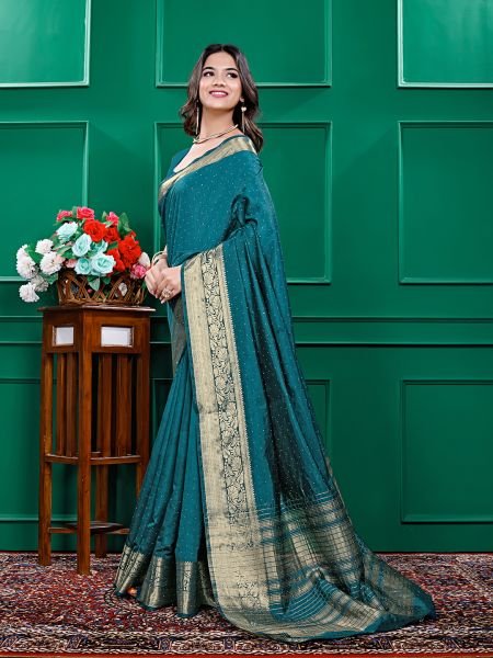 Rama Banarasi Silk Zari Swarovski Crystal Work Saree Designer Sarees
