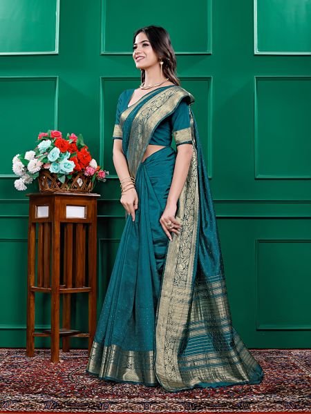 Rama Banarasi Silk Zari Swarovski Crystal Work Saree Designer Sarees