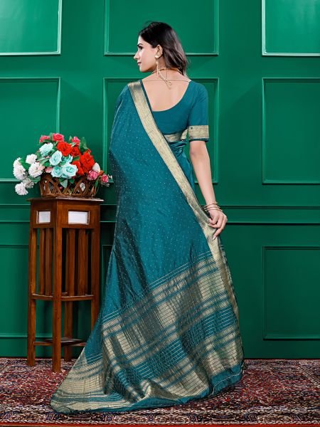 Rama Banarasi Silk Zari Swarovski Crystal Work Saree Designer Sarees