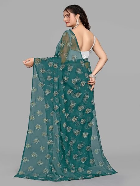 Rama Blue Floral Print Ready To Wear Daily Saree Ready To Wear Sarees