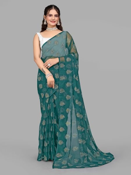 Rama Blue Floral Print Ready To Wear Daily Saree Ready To Wear Sarees