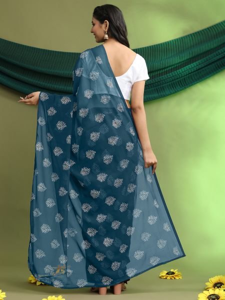 Rama Blue Floral Print Ready To Wear Daily Saree Ready To Wear Sarees