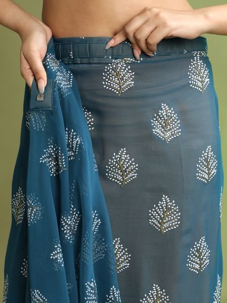 Rama Blue Floral Print Ready To Wear Daily Saree Ready To Wear Sarees