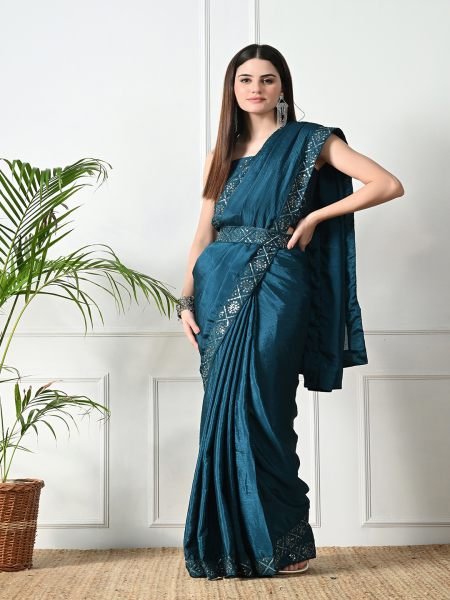 Rama Chic Party Wear A Modern Chinon Solid Saree with an Embroidered Lace Border Embroidered Sarees