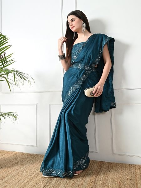 Rama Chic Party Wear A Modern Chinon Solid Saree with an Embroidered Lace Border Designer Sarees