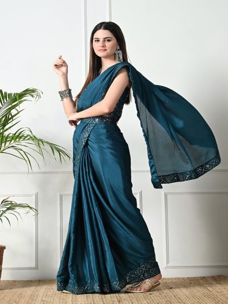 Rama Chic Party Wear A Modern Chinon Solid Saree with an Embroidered Lace Border Designer Sarees