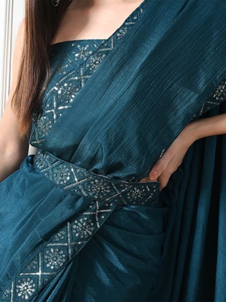 Rama Chic Party Wear A Modern Chinon Solid Saree with an Embroidered Lace Border Designer Sarees
