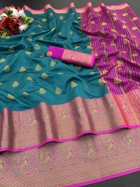 Rama Cotton Silk Banarasi Saree with Jacquard Zari Peacock Woven Border Sale