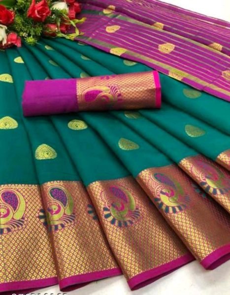 Rama Cotton Silk Jacquard Woven Banarasi Saree with Zari for Festive Occasions Sale