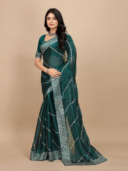 Rama Embroidered sequins Organza Fabric with Scalloped Lace Border Designer Sarees