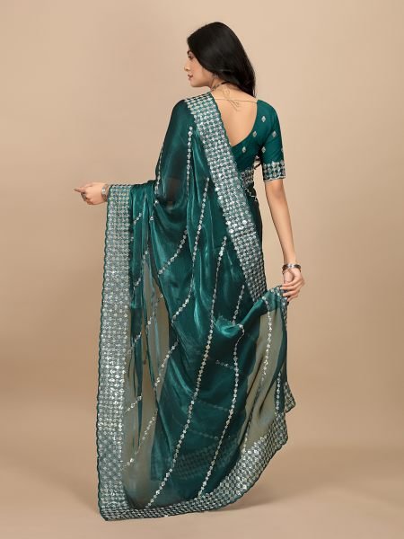 Rama Embroidered sequins Organza Fabric with Scalloped Lace Border Designer Sarees
