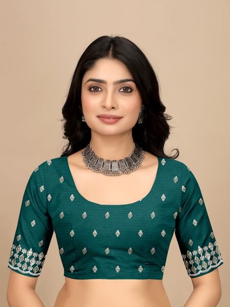 Rama Embroidered sequins Organza Fabric with Scalloped Lace Border Designer Sarees