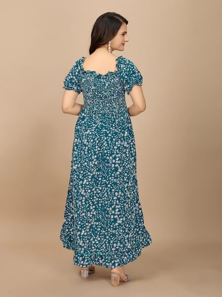 Rama Floral Elegance Puff Sleeve High Low Maxi Dress with Elastic Closure Dresses