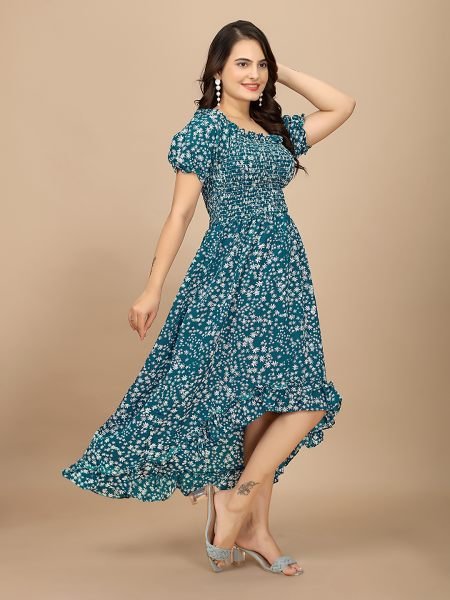 Rama Floral Elegance Puff Sleeve High Low Maxi Dress with Elastic Closure Dresses